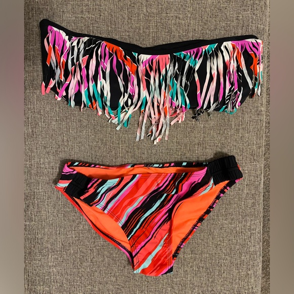 Other - Colorful Rainbow Fringed Tube-Top Bikini with Stripes